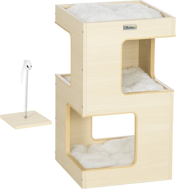 PawHut Katzenhöhle 3-stufiger Katzenschrank aus Eiche mit Kissen und integriertem Spielzeug, Farbe: Braun/Beige, B/T/H: 34 x 34 x 60 cm - Bild 1