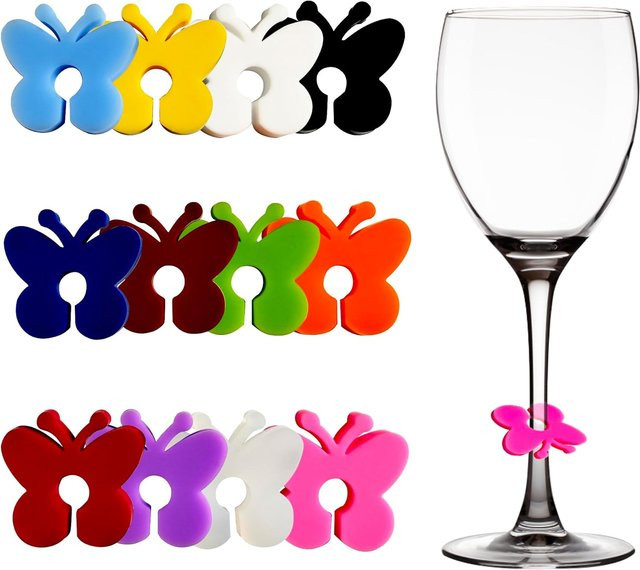 SUNFILI Set aus Weinglas-Charms und Untersetzern aus Silikon mit Schmetterlings-Design in Multicolour als Getränkemarkierung für Weinverkostungen und Partys - Bild 1