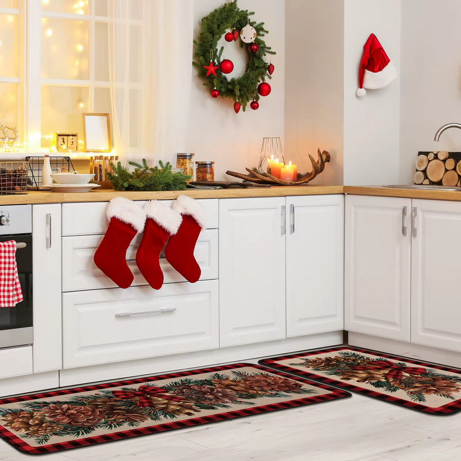VIKAMA 3er-Set Vintage Weihnachts Küchenmatten und Badezimmerteppiche mit englischem Aufdruck in Multicolour - Bild 3