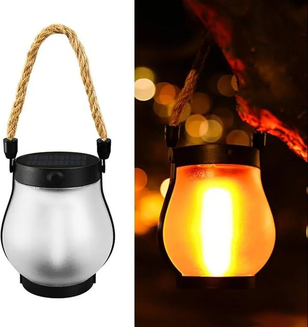 USB wiederaufladbare Campingleuchte mit Solar-Flammenlicht, 800 Lumen, IPX4 wasserdicht, schwarze Hängelaterne mit 1200 mAh Akku und warmweißem Licht - Bild 1