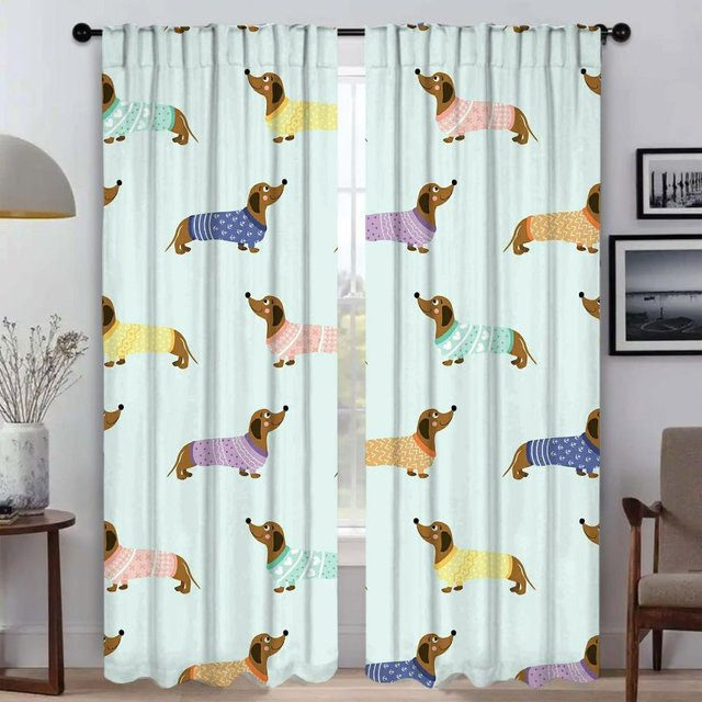2er-Set moderne Tüllgardinen mit Dackel-Motiv, halbtransparent, Mehrfarbig, Breite: 50 cm, Höhe: 70 cm - Bild 1