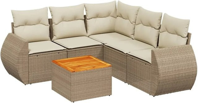 vidaXL 6-teilige Garten-Sofagarnitur aus Polyrattan in Beige mit Kissen und Couchtisch im L-Shape Design - Bild 1
