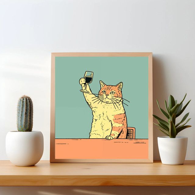 Lustiges Weinkatzen-Poster von SHENCHEN als gelbe Wanddekoration mit Katzen-Motiv - Bild 1
