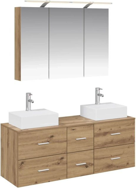 vidaXL Badezimmermöbel-Set 4-teilig in Artisan-Eiche mit Glas und LED-Beleuchtung, Farbe: Braun - Bild 1
