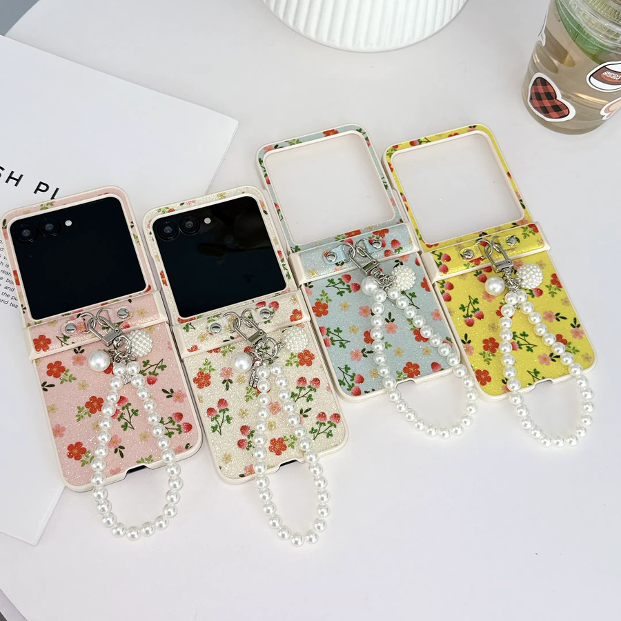 Blumiges Glitzer-Leder-Handgelenkband-Telefonetui für Motorola Razr 60 50 Ultra und Razr 60 Pro in Blau Multicolour, stoßfeste Schutzhülle - Bild 1