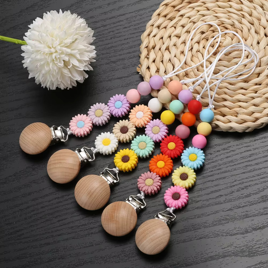 Schnullerkette für Babys aus Silikon und Holz mit bunten Gänseblümchenperlen - Bild 2