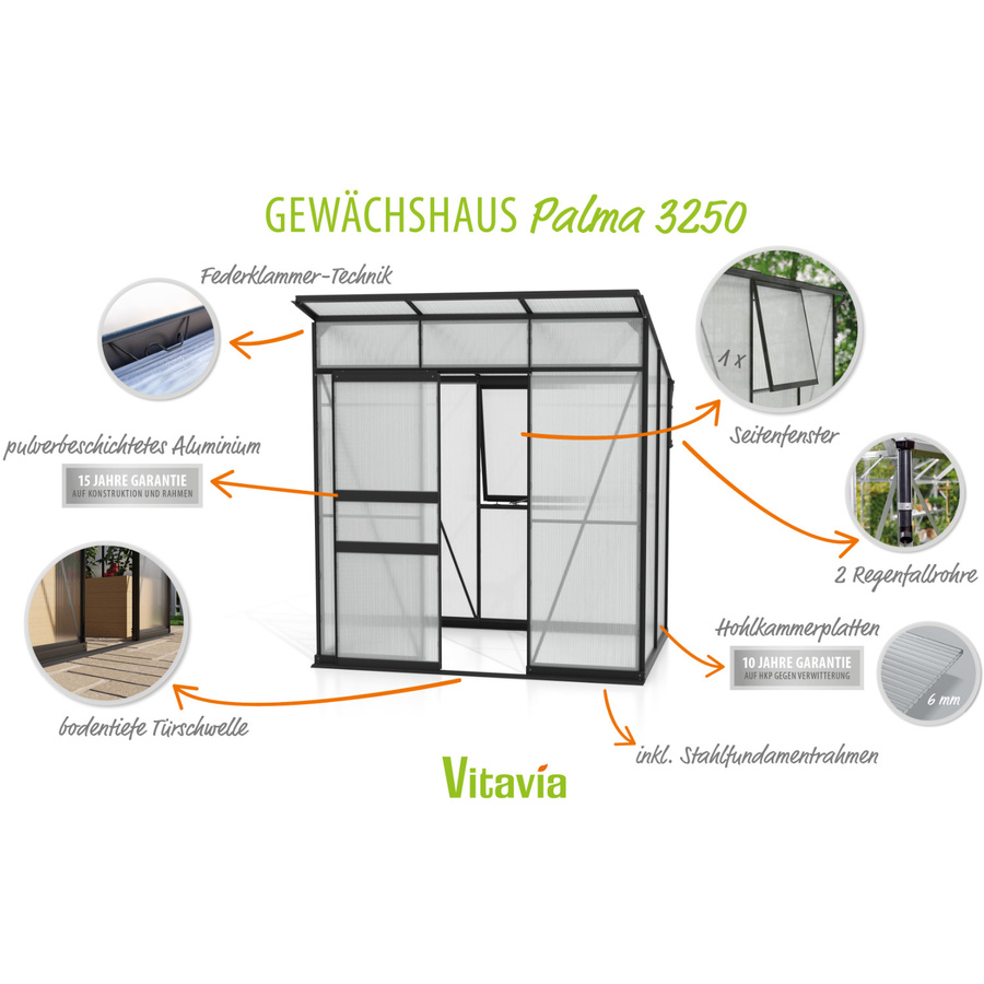Vitavia Gewächshaus Palma 3250 mit Polycarbonat-Platten und Stahlfundamentrahmen in Schwarz - Bild 5