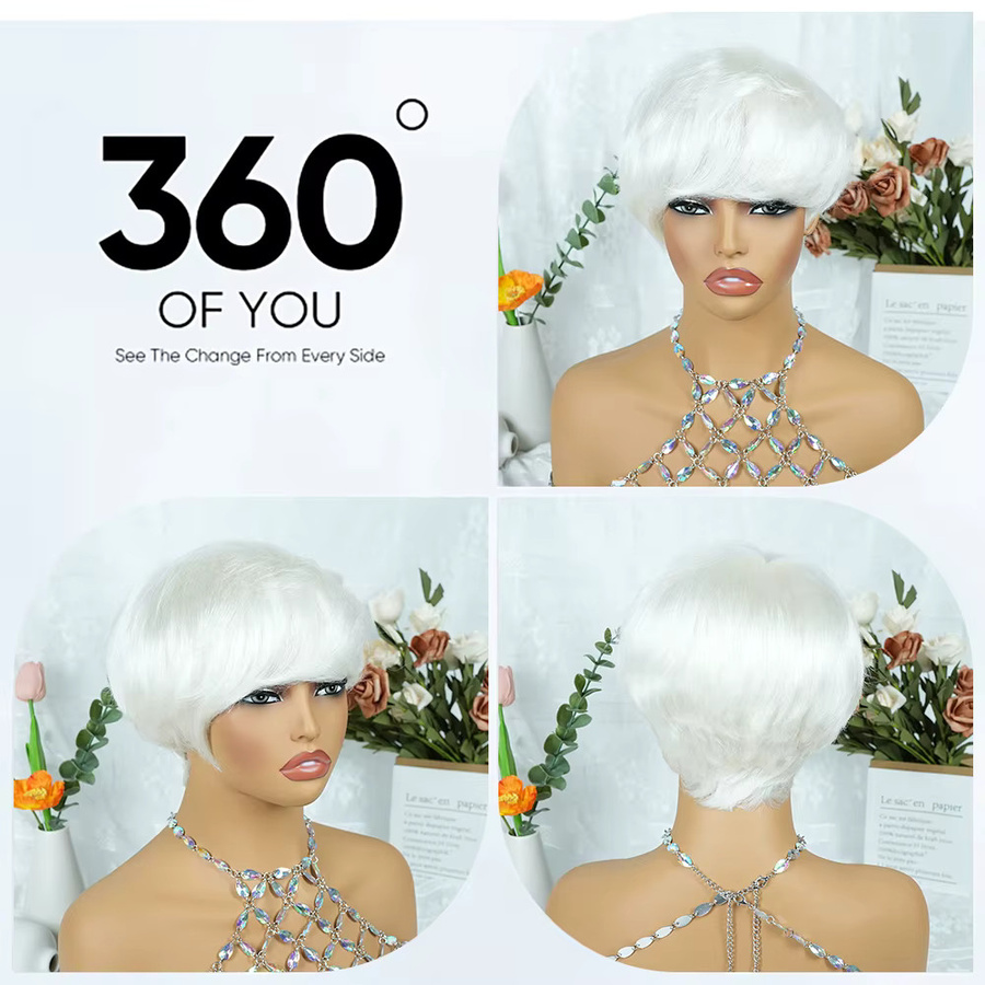 OYM HAIR Pixie-Perücke, platinblond, Echthaar, kurz, geschichtet, mit Pony, Damen - Bild 3