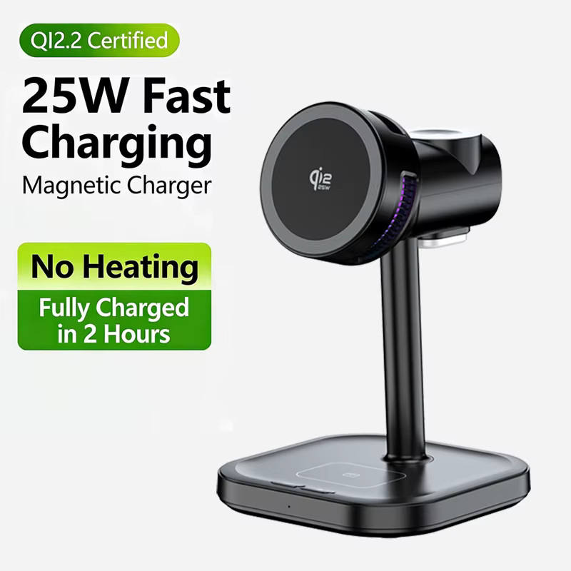 VIKEFON ICE Cooling Qi2 Rotierender Magnetischer Kabelloser Ladeständer Schwarz für iPhone, Apple Watch und AirPods - Bild 2
