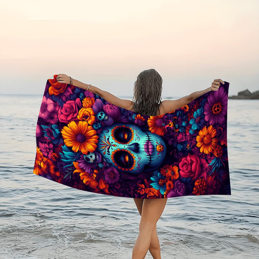 Dalangpa Strandtuch mit Blumen- und Totenkopf-Druck aus Mikrofaser in Multicolor, Breite: 40 cm, Höhe: 60 cm - Bild 4