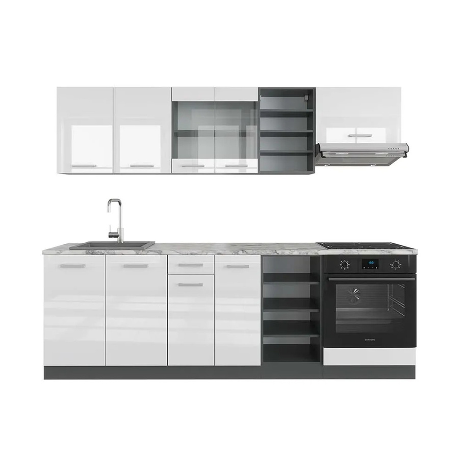 Vicco R-Line Küchenzeile Weiß Hochglanz Anthrazit mit Marmor-Optik Breite: 240 cm - Bild 2