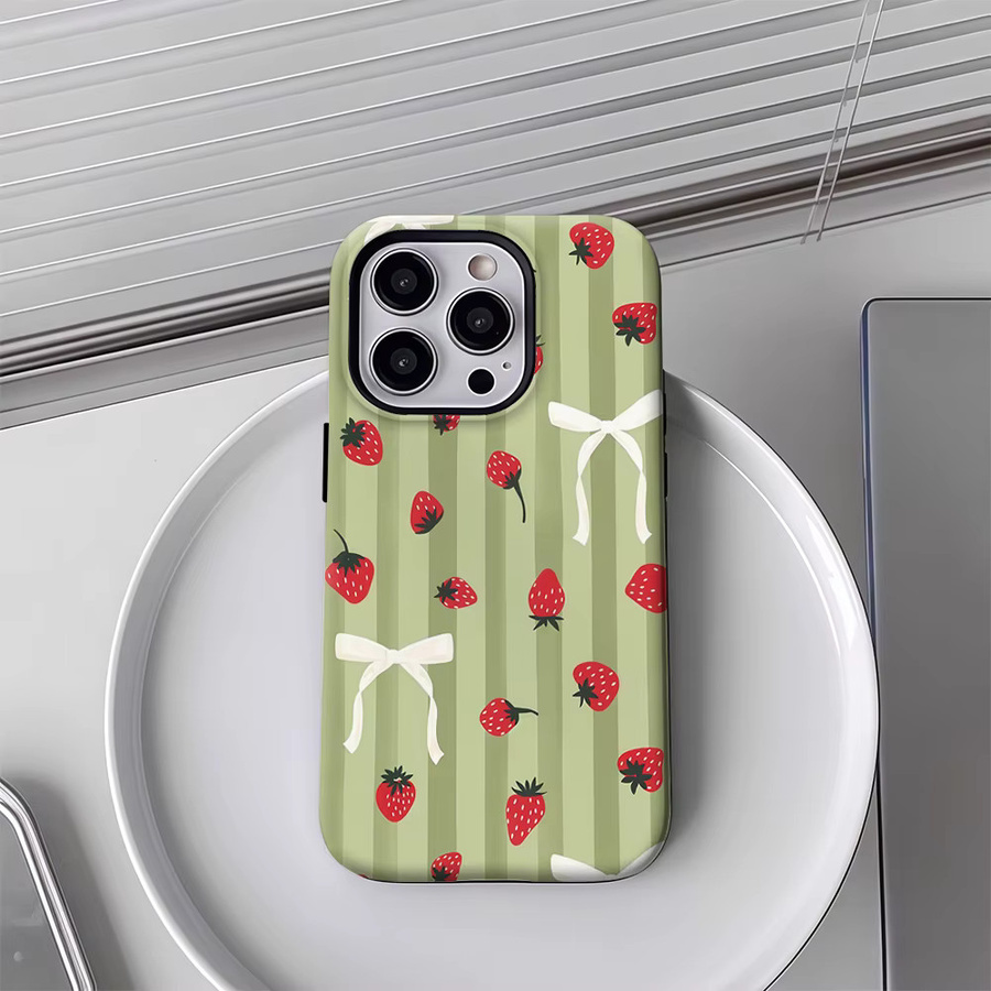 Handyhülle mit Erdbeeren, weißen Schleifen und grünen Streifen für Apple iPhone 17 16 15 14 Pro Max Plus, doppellagige Rückseite, mehrfarbig - Bild 4