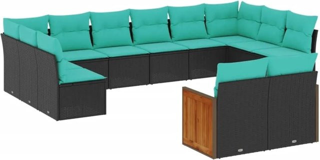 vidaXL 12-tlg. Gartensofa-Set in U-Form aus Polyrattan und Akazienholz mit Kissen in Schwarz und Blau - Bild 1