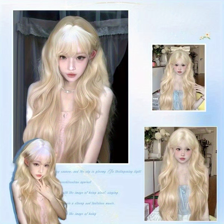 Anxin Kunsthaarperücke, Hellgelb, lang gewellt mit Pony - Bild 2
