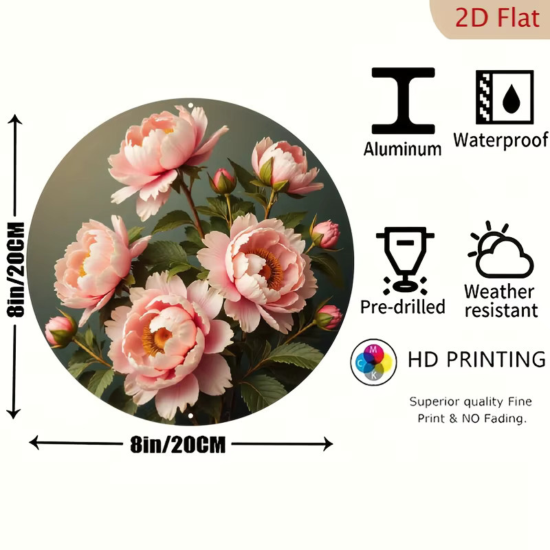 Potdemiel Elegante Pfingstrosen-Metallwandkunst – Rundes Aluminiumschild mit rosa Blumen und grünem Laub, klassische florale Wohndekoration, Durchmesser: 20 cm - Bild 3