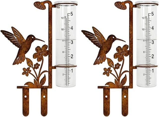 Dekorativer Metall-Regenmesser-Pfahl mit Vogel- und Blumen-Design in Braun für deinen Garten - Bild 1
