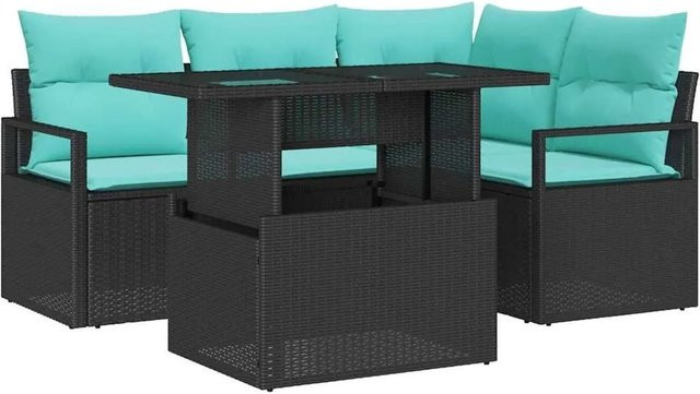 vidaXL Garten-Sofa-Set 5-tlg aus Poly-Rattan mit Kissen in Schwarz und Blau - Bild 1