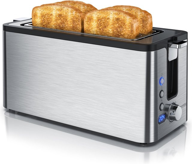 Arendo Edelstahl Toaster Langschlitz für 4 Scheiben in Silber mit Defrost-Funktion und Brötchenaufsatz - Bild 1
