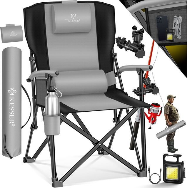 KESSER Campingstuhl faltbar grau mit hoher Rückenlehne, Polsterung, Armlehnen, Getränkehalter und Tasche, belastbar bis 160 kg - Bild 1
