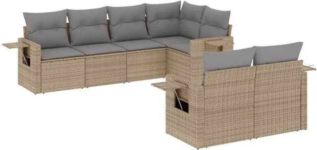 vidaXL 7-teilige Garten-Sofagarnitur in L-Form aus Poly-Rattan mit Kissen in Beige-Grau - Bild 1