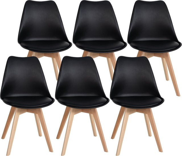 6er Set Esszimmerstühle CLP Ramsey mit Kunststoff-Sitzschale, Kunstlederbezug in Schwarz und Buchenholz-Gestell - Bild 1