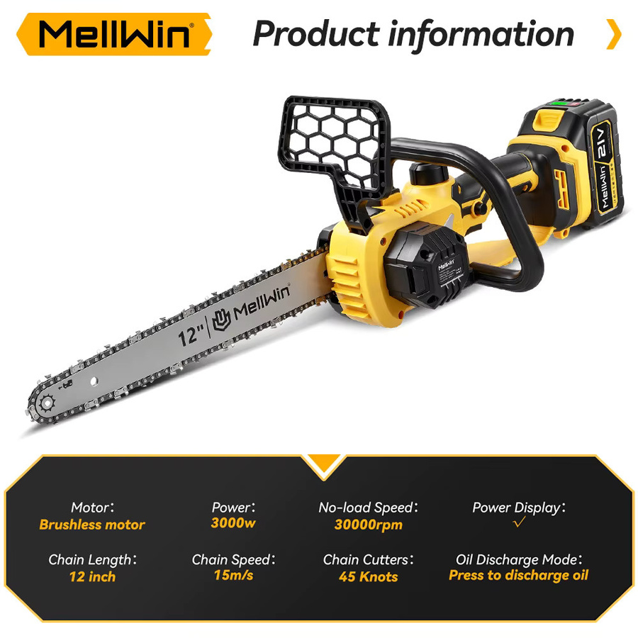 MELLWIN 12-Zoll Bürstenlose Elektrische Kettensäge in Gelb für Makita 18V Akku - Bild 6