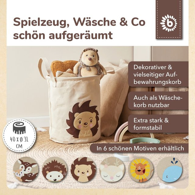 Bieco Wäschekorb Igel Piksi aus Baumwollstoff in Sand, Braun und Beige mit Griffen und klappbarer Funktion, B/T/H: 40,0 x 38,0 x 31,0 cm - Bild 1