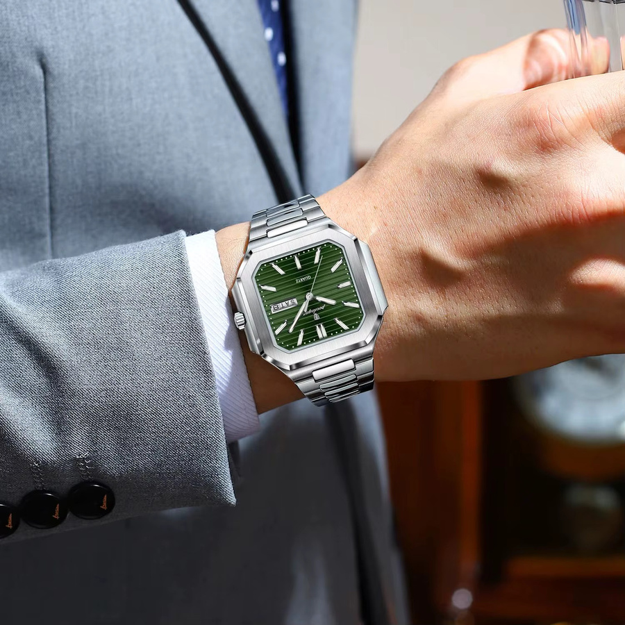 POEDAGAR Armbanduhr Quarz, Edelstahl, Silber, Grün, Herren - Bild 6