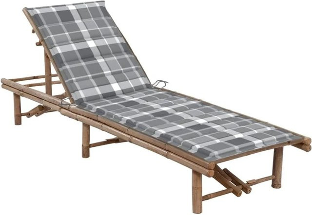 Furnicato Garten-Sonnenliege aus Bambus mit grauer Auflage im Karomuster, B/T/H: 200 x 65 x 30-87 cm - Bild 1