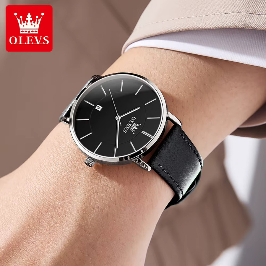 OLEVS Armbanduhr, Quarz, Edelstahl, Leder, Schwarz, Herren - Bild 6