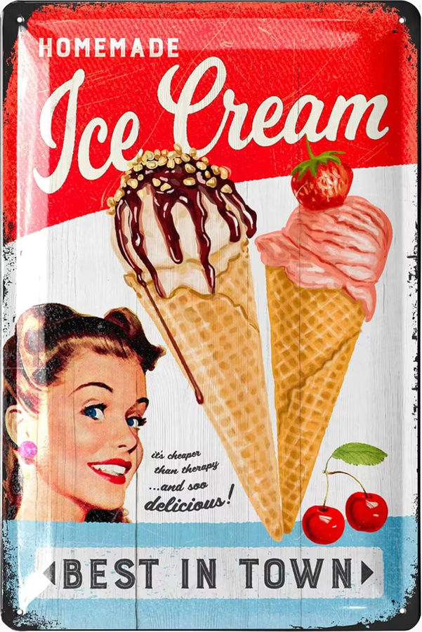 CIFBUY Vintage Blechschild ICE CREAM im 50er Jahre Stil als Metall Wandschild für Küche und Café, B/H: 20 x 30 cm - Bild 1