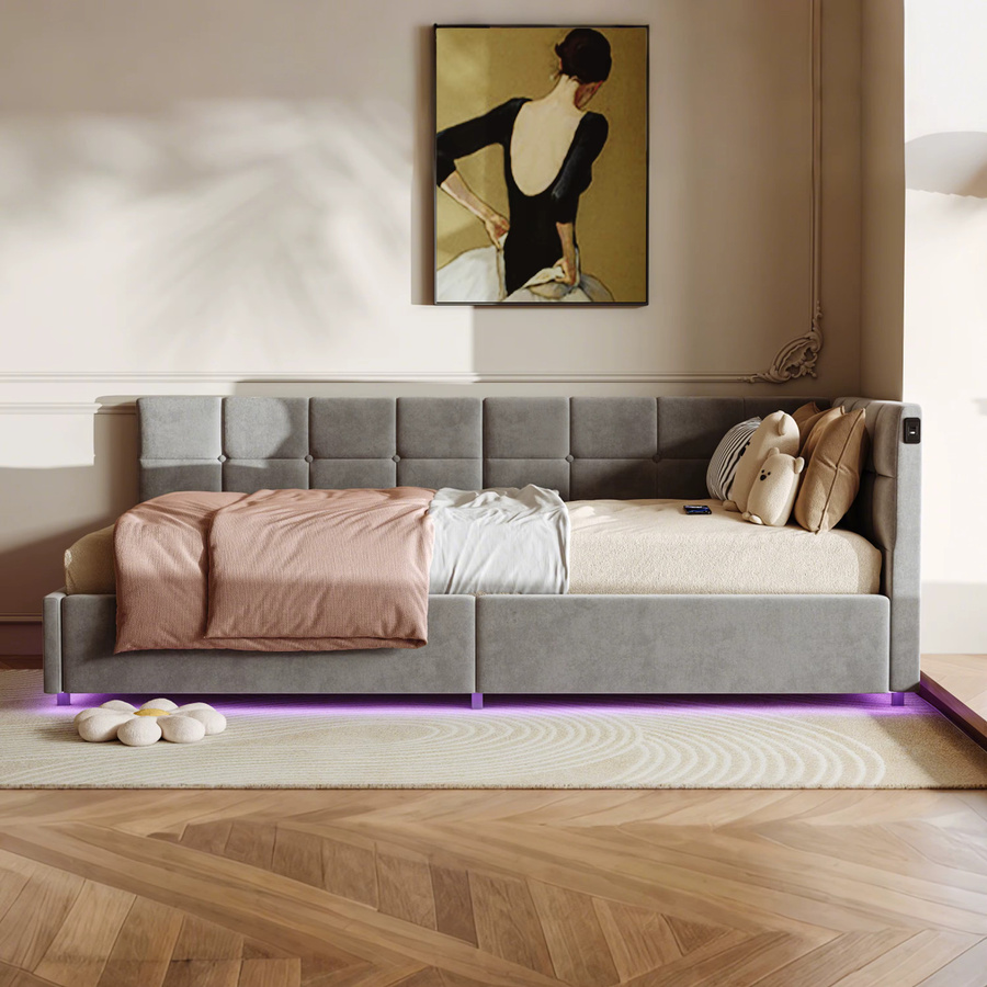 FEEOHOME Polsterbett Einzelbett mit LED und Stauraum, gepolstertes Funktionsbett aus Samt in Beige, B/T: 90 x 200 cm - Bild 2