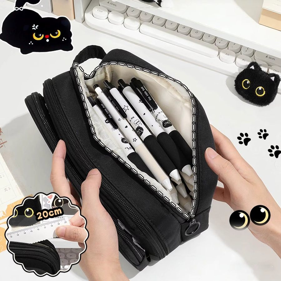 Abnehmbares Federmäppchen mit schwarzem Katzendesign, 10-lagiges Etui aus Textil mit großem Fassungsvermögen für Studenten und Büro - Bild 6