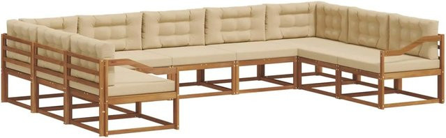 vidaXL Outdoor-Sofagarnitur 9-teilig in U-Form aus Akazienholz mit Kissen in Natur und Beige - Bild 1