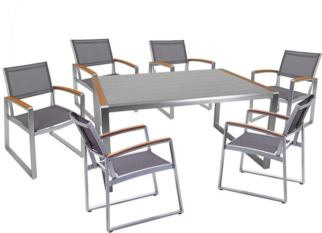 DELUKE Garten-Sitzgruppe ANDY 7-teilig in Hellbraun mit Aluminiumgestell, Kunststoffgewebe und Glastisch - Bild 1