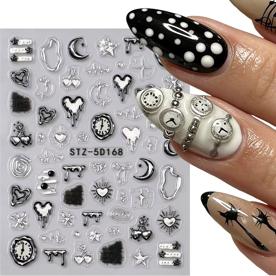 Full Beauty Nagelaufkleber 3D, Silberne Herz-Uhr, Mond Stern Schleifenmuster, 2 Stück - Bild 4