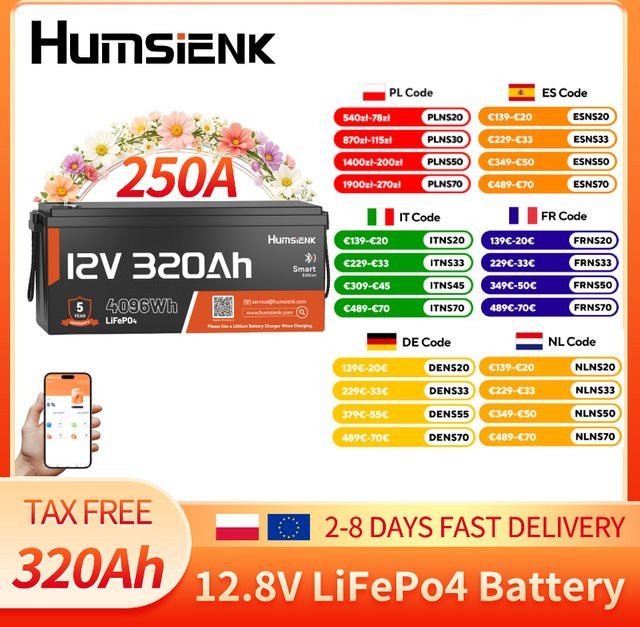 Humsienk LiFePO4 Batterie 12V 300Ah (320Ah) mit Bluetooth und 250A BMS in Schwarz - Bild 1