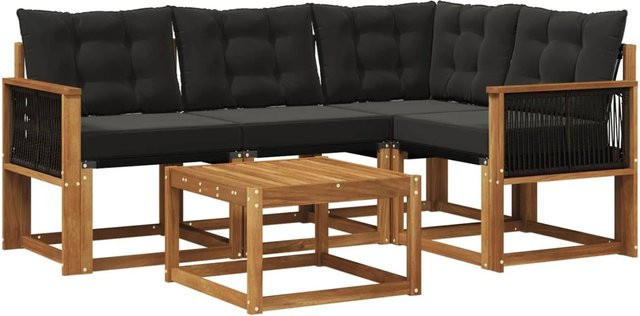 vidaXL Outdoor-Sofagarnitur in L-Form aus Akazienholz und Textilene mit 5 Kissen in Schwarz und Natur - Bild 1