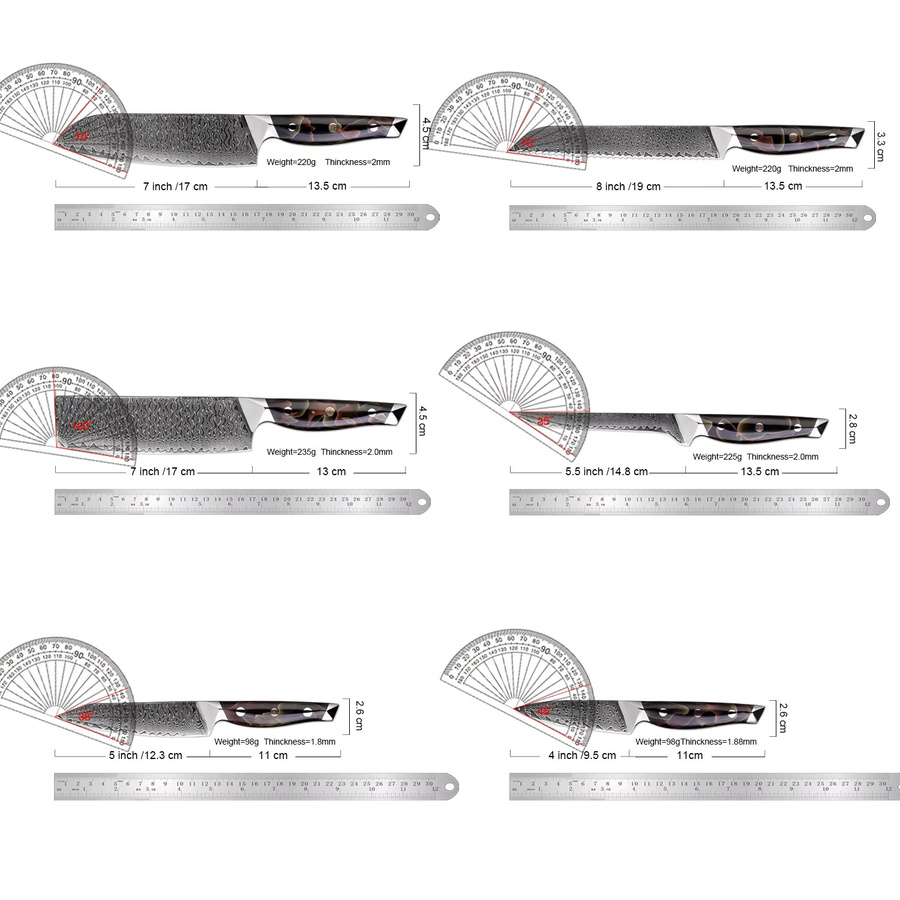 XITUO 6-teiliges Küchenmesser-Set aus Damaszener Stahl mit Kupfer-Platin-Harzgriff in Multicolour, bestehend aus Santoku-, Schäl-, Brot- und Ausbeinmessern - Bild 2