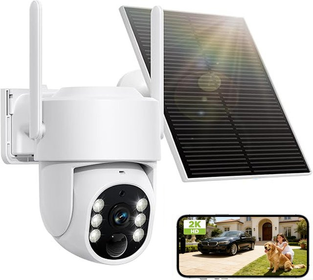 WESECUU Drahtlose Solar-Überwachungskamera Außen in 2K mit Dual-Band 5GHz/2.4GHz WiFi, Batteriebetrieben, 360° Schwenk/Neige, KI-Personenerkennung und Farb-Nachtsicht, Weiß - Bild 1