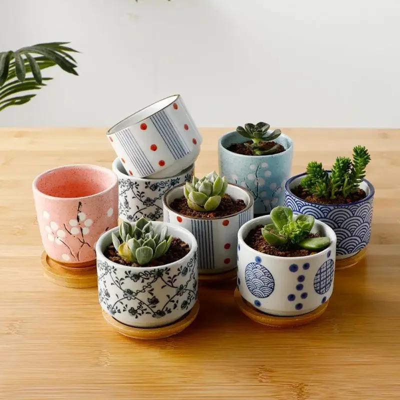 Japanischer Stil Blumentopf aus Keramik mit Bambusuntersetzer für Sukkulenten und Bonsai von Household supplies MH - Bild 3