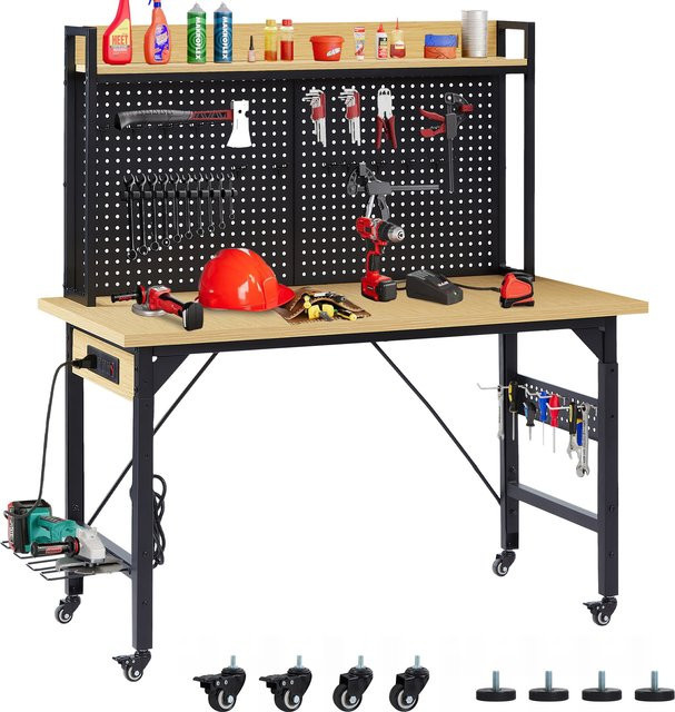Svintora Mobile Werkbank in Schwarz mit Holzplatte und Lochplatte, Verstellbare Werkstattstation mit AC-USB-Anschluss und Rollen, Breite: 120 cm - Bild 1