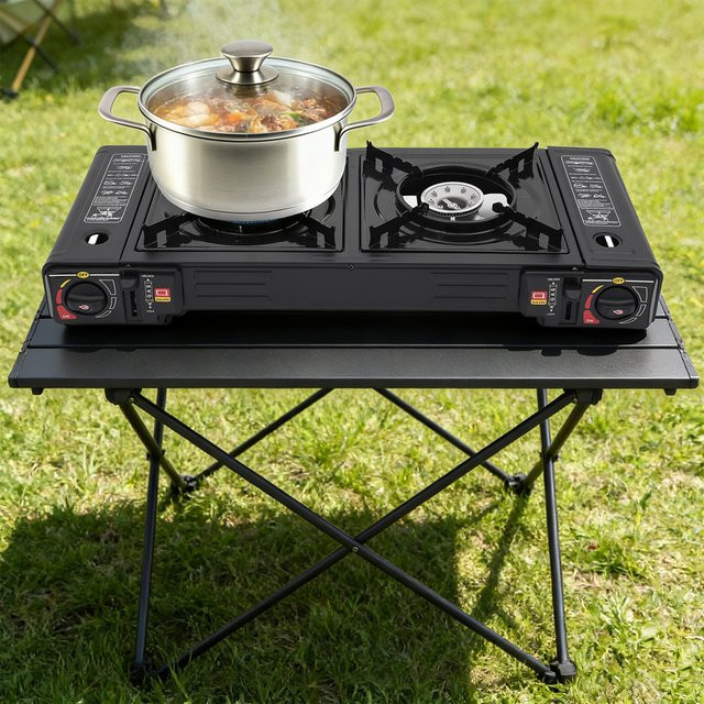 Bymaocar Tragbarer Camping-Gaskocher mit 2 Brennern, 2500 W pro Brenner, Butan-LPG-Dual-Fuel, Piezo-Zündung und Überdruckschutz, Schwarz - Bild 1