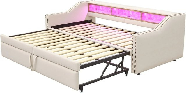 Merax Schlafsofa Beige mit LED-Unterbettbeleuchtung, USB-Anschluss und Stauraum, B/T/H: 180 x 200 cm - Bild 1