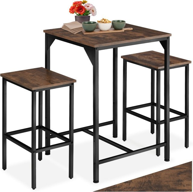 tectake Barset Inverness 3-teiliges Set im Industrial Style aus Holz und Stahl, Farbe Braun, B/T/H: 120 x 60 x 91 cm - Bild 1