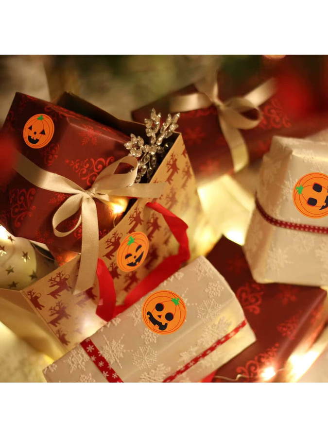 TYFYO Halloween Aufkleberrollen mit 500 runden Motiv-Aufklebern in Orange für deine Partydekoration mit Kürbis, Geist, Spinne, Fledermaus und Katze - Bild 5
