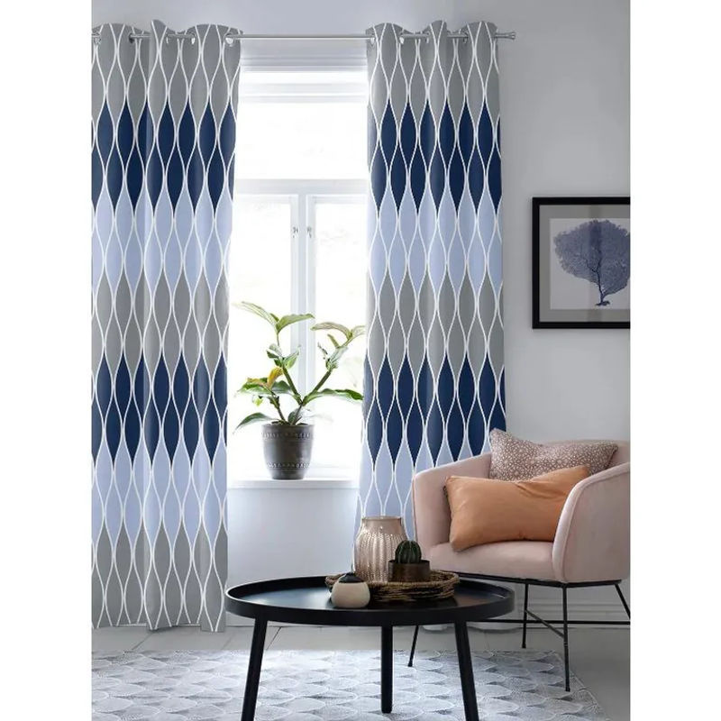 Super Six Fenster-Vorhang mit Volant in Blau und Grau, Geometrisches Design, halbtransparent, Breite: 135 cm, Höhe: 60 cm - Bild 2