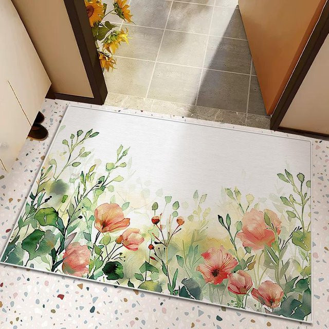 Waschbare Fußmatte für die Eingangstür, rutschfest und schmutzabweisend, weißes Floral-Design, B/T: 90 x 60 cm - Bild 1