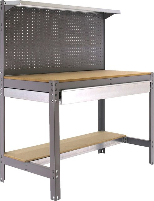 PROREGAL Werkbank Buffalo mit Werkzeugwand, Schubfach und Ablage, Grau, H x B x T: 84 x 120 x 61 cm, Traglast 600 kg - Bild 1
