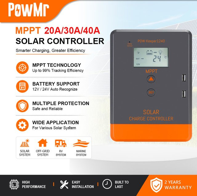 PowMr Keeper Serie MPPT Solar-Laderegler für 12V und 24V mit LCD-Display und USB-Ausgang zur Ladung von LiFePO4, Lithium, Gel und Flüssigbatterien - Bild 1